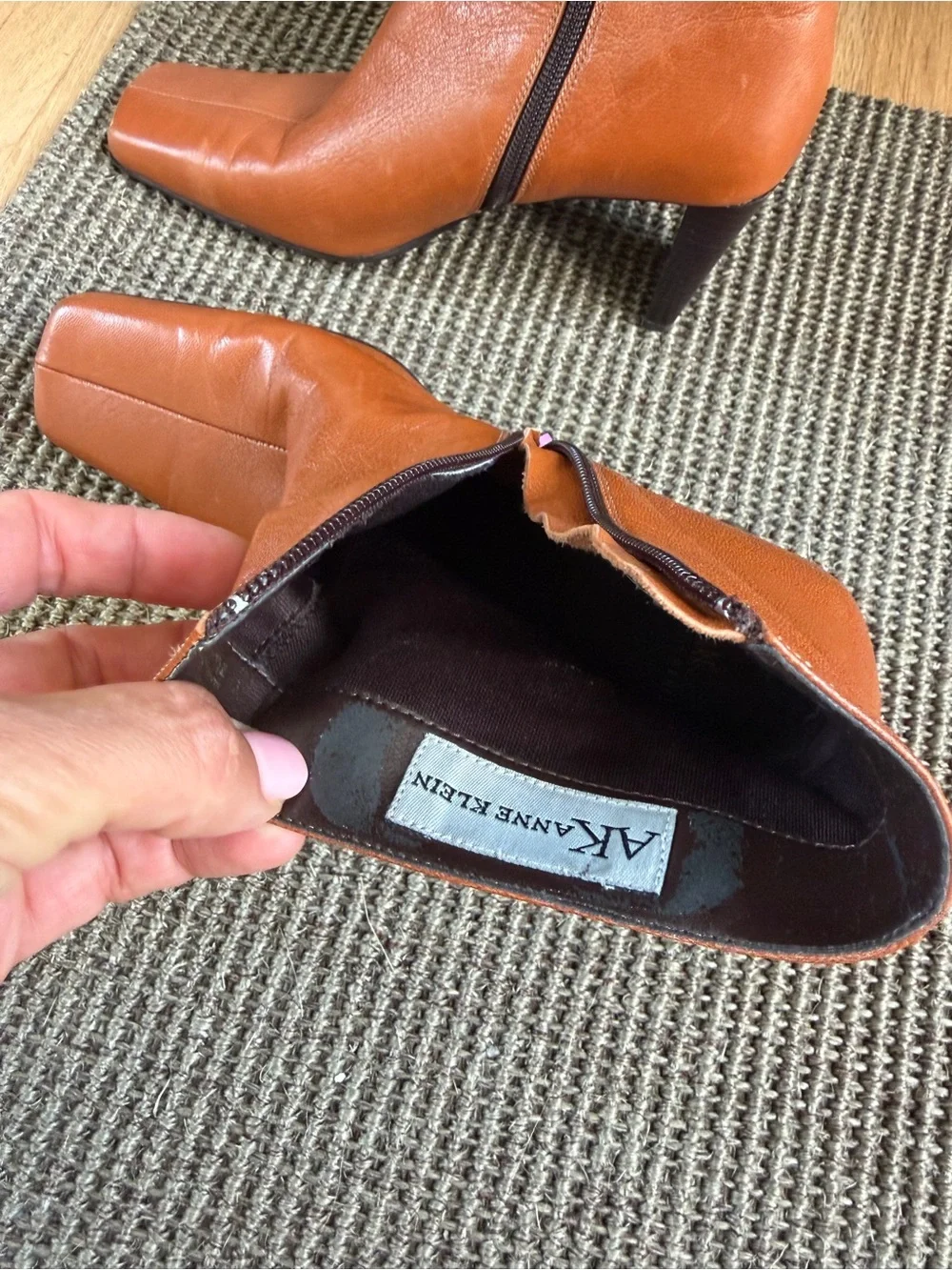 Anne Klein Cognac Leather Square-Toe Ankle Boots